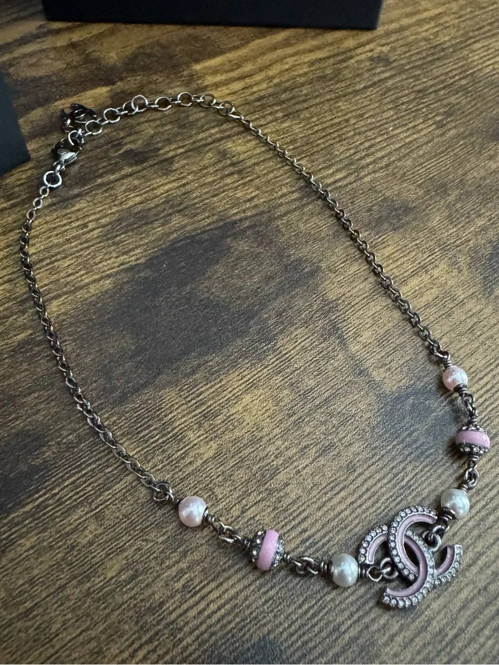 CHANEL 2025 Crystal CC Pink Pearl Gun Metal Choker Necklace